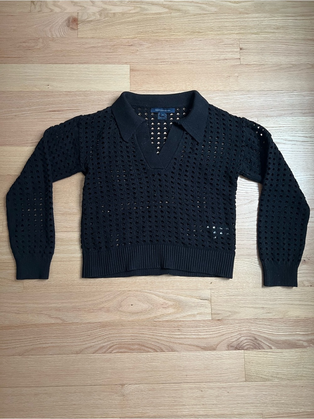 French Connection Black Open-Weave V-Neck Polo Sweater